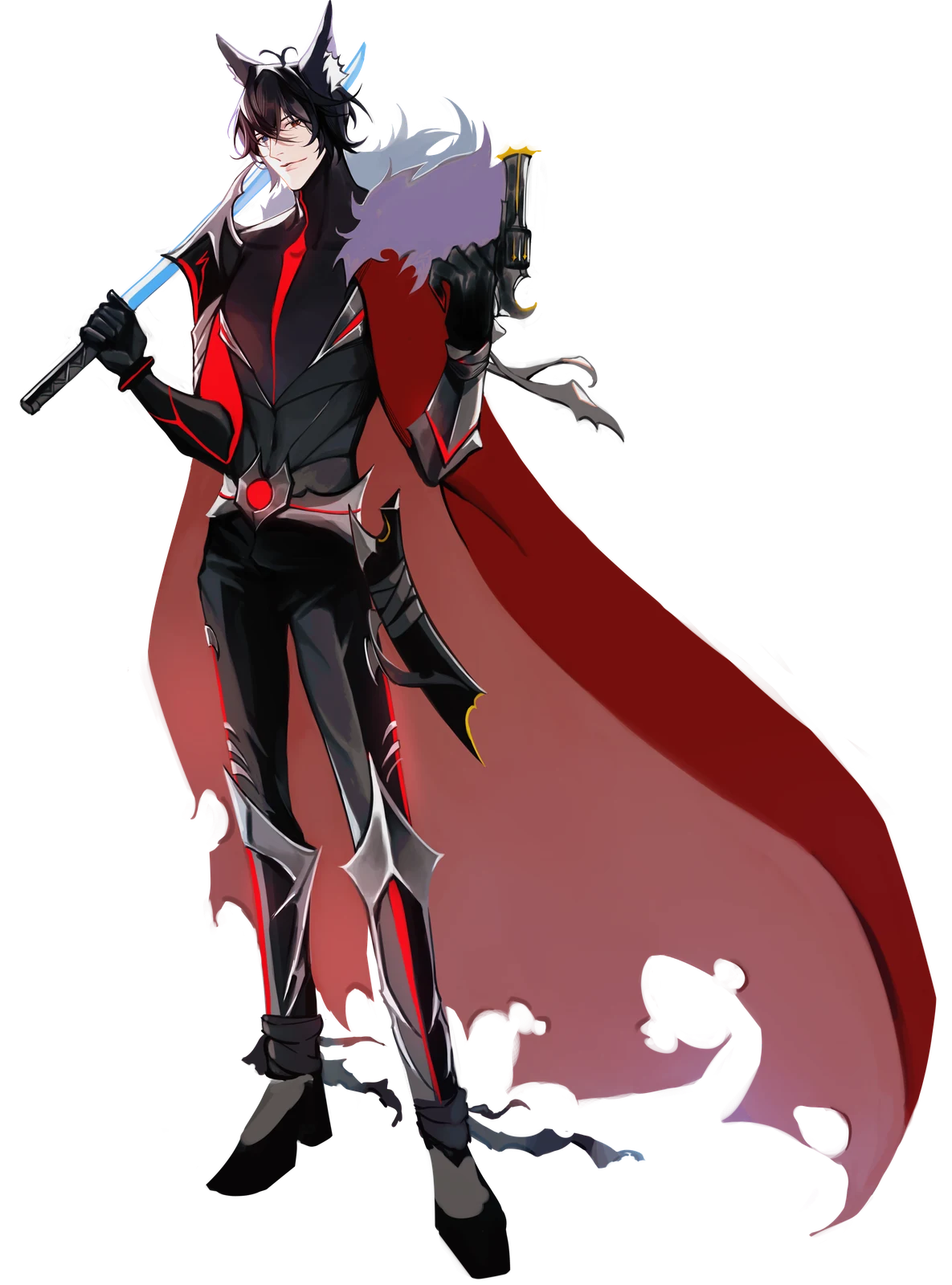 Medicus Fallstar with black cat ears, a crown, a sweeping red cape and a mechanical arm